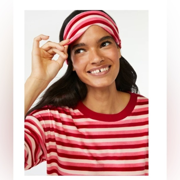 3piece Pink & Red striped Women's Velour Pajama Sleep‎ Set with Eye Mask size M - Picture 3 of 4